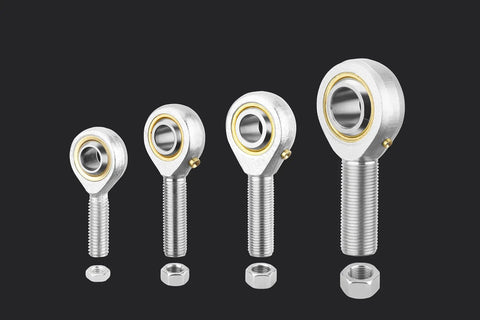 Heavy Duty Self Lubricating Rod End Bearings Four Pack With 12mm Bore And M12x1.75 Metric Male Thread Right Hand Heim Joint Plus Jam Nuts with smooth pivot points.