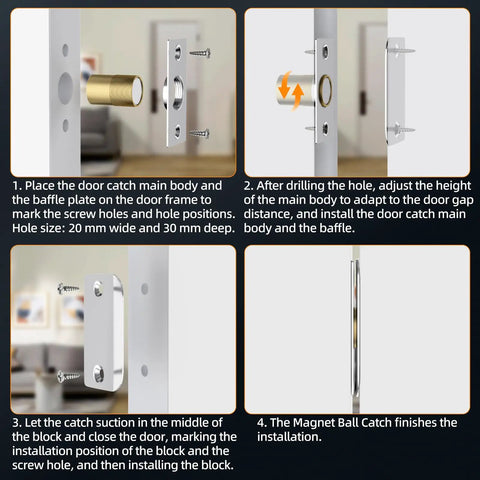 Installation guide for Magnetic Closet Door Catch 2 Pack, with steps for adjustable ball latches and hidden roller alignment.