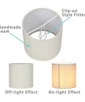 Clip On Chandelier Lamp Shades Set Of 6 Small Drum Linen Fabric Handmade Beige Only For Candle Bulb 5.2 By 5.2 By H5.2 Inches Modern Trendy Decor Cool Neutral Look For Easy DIY Lighting Makeovers showing clip-on and light effects.