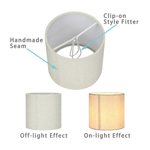 Clip On Chandelier Lamp Shades Set Of 6 Small Drum Linen Fabric Handmade Beige Only For Candle Bulb 5.2 By 5.2 By H5.2 Inches Modern Trendy Decor Cool Neutral Look For Easy DIY Lighting Makeovers showing clip-on and light effects.