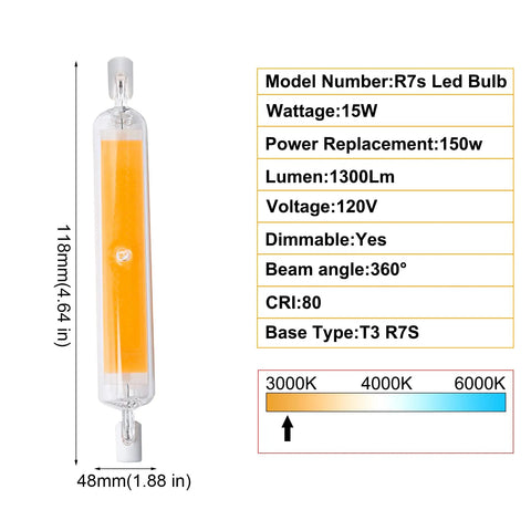 15W 118mm R7S LED Bulbs 2 Pack Dimmable J Type Double Ended Flood Light 120V 3000K Warm White 360 Degree Beam chart
