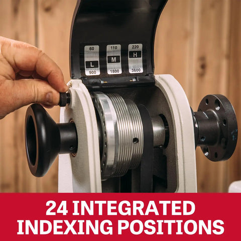 Close-up of 12 By 21 Inch Variable Speed Woodworking Lathe indexing knob with RPM ranges 60-900, 110-1800, 220-3600 visible.