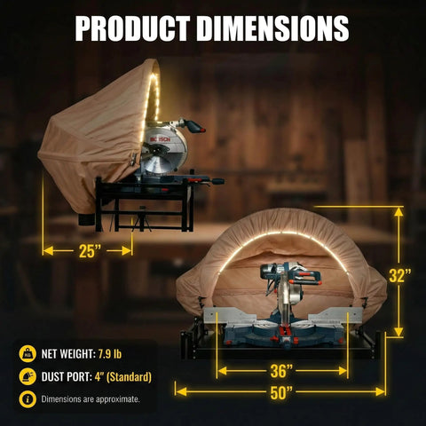Dust Collection Hood With Light For Miter Saws Universal Platform-Mount Design Keeps Rail Space Clear Fits 10-Inch And 12-Inch
