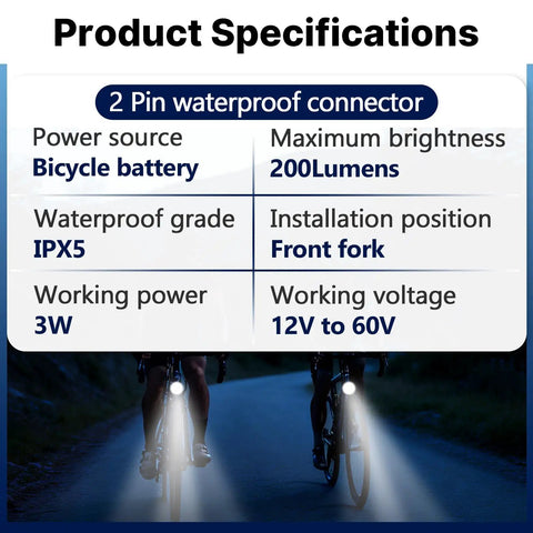 Ride Ready Electric Bike Front Headlight With 2 Pin Waterproof Connector For 36V To 60V Systems, Easy Install Inside Controller Or Mid Drive, Waterproof Front Light For Electric Bicycles Mountain Bikes And Scooters