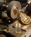 Pro Grit Diamond Grinding Wheel For Electric Glass Grinders With Brazed Abrasive Disc Tile and Stained Glass Lapidary Polishing Rotary Tool Accessory Fits Most Shaffs in use with a gold pendant.