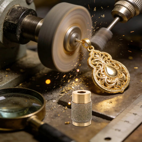 Pro Grit Diamond Grinding Wheel For Electric Glass Grinders With Brazed Abrasive Disc Tile and Stained Glass Lapidary Polishing Rotary Tool Accessory Fits Most Shaffs in use with a gold pendant.