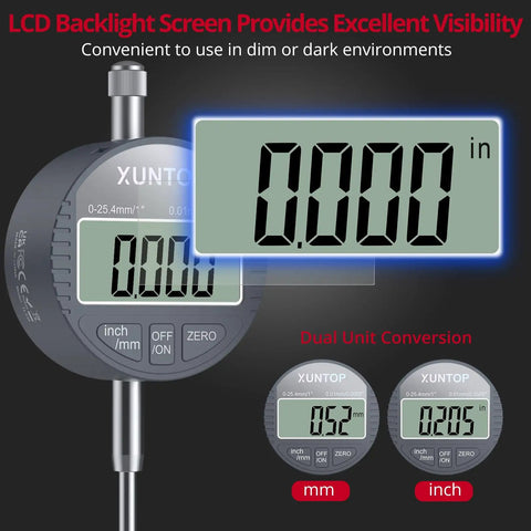Digital display of Boss Level Digital Dial Indicator With Magnetic Base, 0 To 1 Inch Range, 0.0005 Inch Resolution.