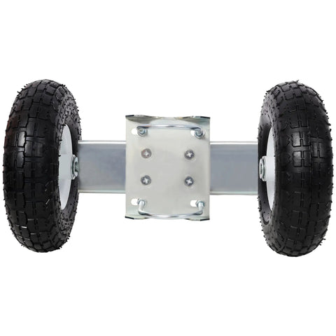 Smooth Rolling Dual Gate Wheel With 10 Inch Pneumatic Tires And 300 Lb Heavy Duty Build For Chain Link Fence Sliding Swing Gates viewed from the front.