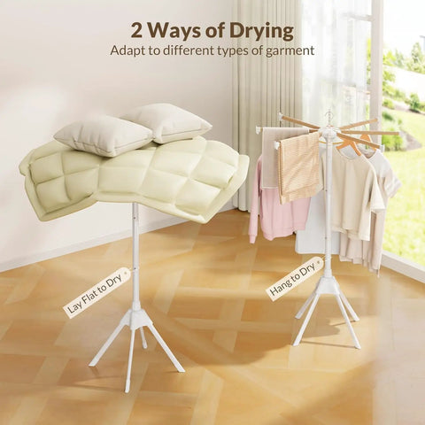 Foldable Wood Clothes Drying Rack With Eight Adjustable Rods No Fuss Space Saving Laundry Organizer For Indoor And Outdoor Use Ideal For Laundry Room Balcony RV Camping Beach Towel Drying in use