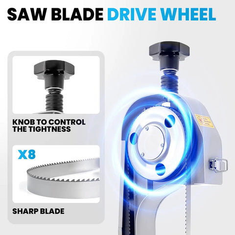 Beast 1500W Electric Meat Bandsaw For Pro Butchers With saw blade drive wheel and control knob, featuring 8 sharp blades.