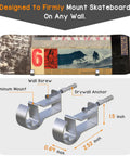 Image of Four Pack Aluminum Wall Mount Skateboard Racks for display, showing aluminum mounts with dimensions and a mounted skateboard.