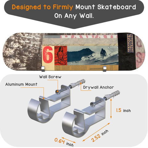 Image of Four Pack Aluminum Wall Mount Skateboard Racks for display, showing aluminum mounts with dimensions and a mounted skateboard.