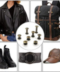 Top Shelf Bronze Chicago Screws M5 5Mm Fifty Piece Rivet Kit For Leather Crafting Bindery Work And Repair Jobs Quick Spin Design With Grippy Knobs That Make Any Project Look Sharp, displayed with leather jacket, boots, belt, and backpack.