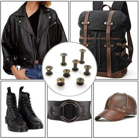Top Shelf Bronze Chicago Screws M5 5Mm Fifty Piece Rivet Kit For Leather Crafting Bindery Work And Repair Jobs Quick Spin Design With Grippy Knobs That Make Any Project Look Sharp, displayed with leather jacket, boots, belt, and backpack.