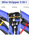 3 In 1 Wire Stripper Cutter And Crimping Tool For Heat Shrink Connectors And Insulated Terminals, showing cutting, stripping, crimping