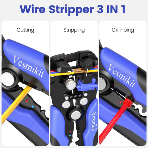 3 In 1 Wire Stripper Cutter And Crimping Tool For Heat Shrink Connectors And Insulated Terminals, showing cutting, stripping, crimping