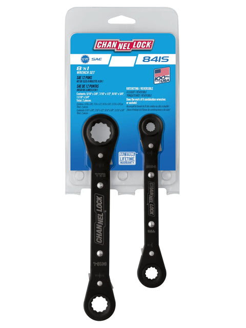 Packaged 8-In-1 SAE Ratcheting Wrench Set in Two Pieces with Hollow Sockets and Double Box End Design, Made in USA