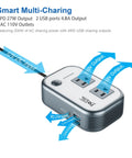 Beast Mode Compact Car Power Inverter Step Up Dc Twelve Volt To One Hundred Eleven V Using Twenty Seven Watt Pd USB C and dual USB ports, compact design with AC 110v outputs.