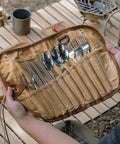 Open Trail Ready Stainless Steel Camping Utensil Kit With Spoon Fork Chopsticks, Portable Travel Flatware Set for hiking and picnics.