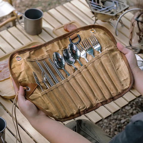 Stainless Steel Camping Utensil Set With Spoon Fork Chopsticks All In One Travel Camp Kitchen Kit showcased on a table
