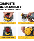 FLEXiO 570 Handheld HVLP Paint Sprayer showing adjustable pattern width, material flow control, 2-speed airflow, spray pattern