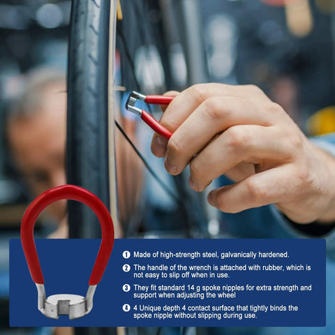 Using spoke wrench from 12 Piece Bicycle Spoke Tool Set with Tension Meter and Aluminum Alloy Wrenches for wheel adjustments