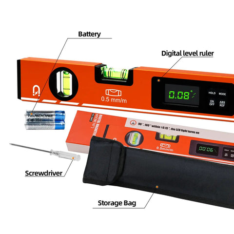 16-Inch Digital Level With LCD Display Bubble Light Up For DIYers Magnetic Torpedo Level Angle Finder with accessories