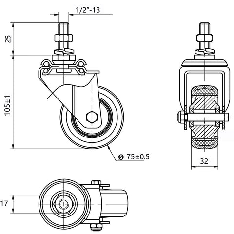 Technical drawing of Beefy Heavy Duty 3 Inch Swivel Caster Wheels Set Of 4 with half inch threaded stem and one inch length.