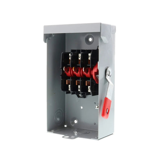 Three Phase 60 Amp 240V General Duty Indoor Non Fusible Safety Switch With Quick Make Break NEMA 1 Enclosure in open position