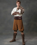 Model wearing Medieval Knight Armor Set With Shoulder Pauldron, Wide Belt And Bracer, Renaissance Larp Cosplay Props in brown finish.