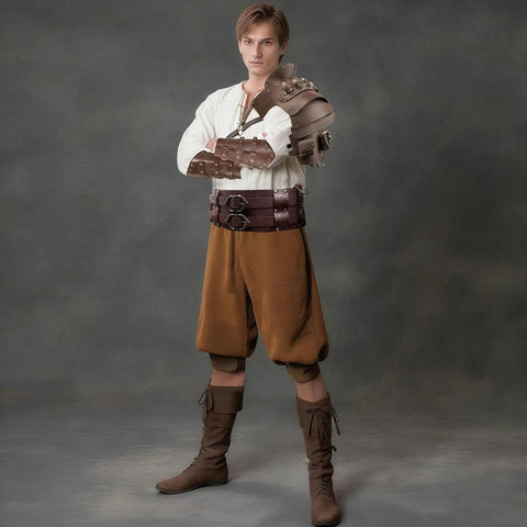 Model wearing Medieval Knight Armor Set With Shoulder Pauldron, Wide Belt And Bracer, Renaissance Larp Cosplay Props in brown finish.