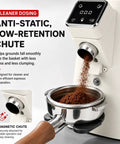 Top Tier Commercial Espresso Grinder Featuring 64Mm Stainless Steel Flat Burrs Timed Dosing Button Bright Digital Display pouring coffee grounds into a portafilter.