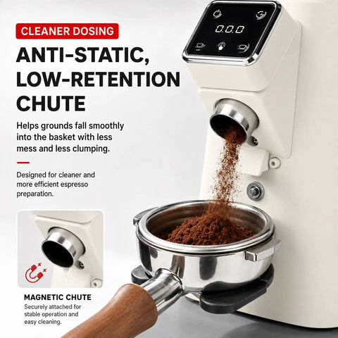 64mm Flat Burr Coffee Grinder With 750g Bean Hopper Adjustable Grind For Espresso Pour Over French Press, anti-static chute dispensing coffee grounds.