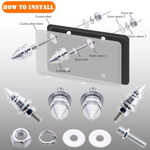 Installation of Spiked License Plate Screws Kit With Anti Theft Bolts, Stainless Steel And Aluminum Alloy, Universal Fit, Silver