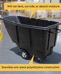 Heavy Duty Tilt Dump Truck Trash Cart With 450 LB Capacity And 1/2 Cubic Yard Steel Tub for rough job sites, showing seamless construction and wheels.