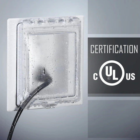 Built Tough Heavy Duty 1-Gang Recessed Weatherproof In-Use Outlet Cover 6-In-1 Nonmetallic Design wet with plugged cable.