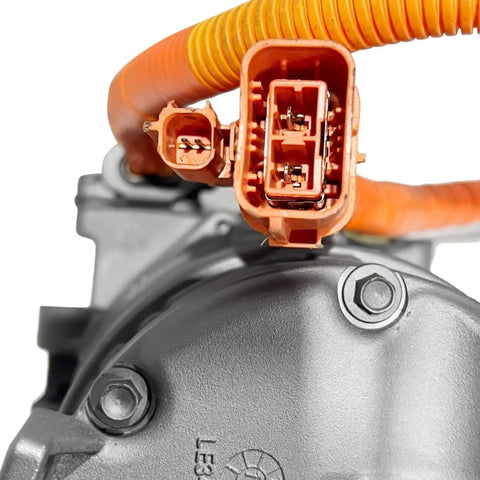 Top Shelf Remanufactured Electric AC Compressor For Chevy Bolt EV 2017 Through 2021 OEM Fit HVAC Replacement close-up of electrical connections.