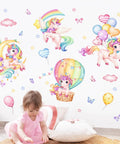 Whimsical Rainbow Unicorn Wall Decals Set With Balloons, Moon, Clouds And Stars For Nursery illustrating playful decor scene