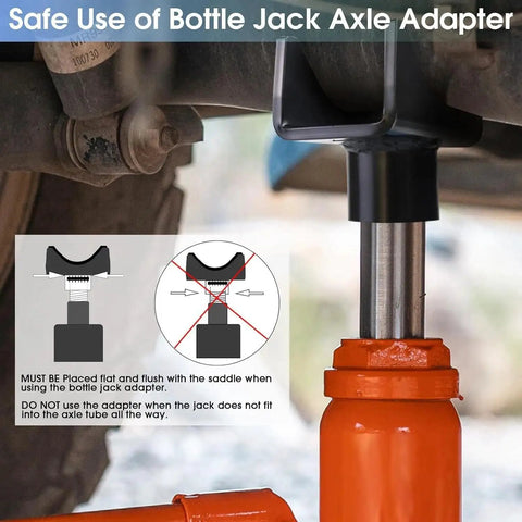 Visual guide on safe use of Bottle Jack Adapter And Axle Saddle For 2 3 4 Inch Round Axles And 2 Inch Square Tubes Extension.