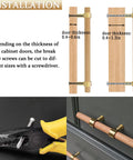 Installation steps for Natural Wood Kitchen Cabinet Handles 2 To 5 Inch 4 Piece Set Center To Center Adjustable Double Hole Euro Scandi Modern Dresser Knob Unfinished DIY Drawer Pull With Brushed Brass Base showing cutting screws and alignment on door.