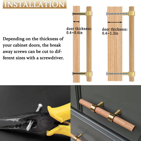 Installation steps for Natural Wood Kitchen Cabinet Handles 2 To 5 Inch 4 Piece Set Center To Center Adjustable Double Hole Euro Scandi Modern Dresser Knob Unfinished DIY Drawer Pull With Brushed Brass Base showing cutting screws and alignment on door.