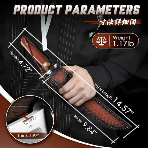 Tanto Fixed Blade Knife For Outdoor Survival With Leather Sheath measurements, full tang, rosewood handle, shown in hand.