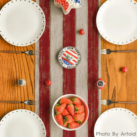 American Flag Table Runner 13x72 Inch For 4th Of July Memorial Day Kitchen Dining Decor with Stars and Stripes on wooden table