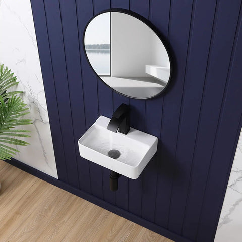 Super Compact Wall Mount Bathroom Vessel Sink In Crisp White Porcelain, Rectangular Floating Vanity Basin Made For Tight Squeezes Rv Cabins And Tiny Homes Zero Countertop Takeover