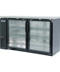 Commercial Under Bar Refrigerator In Black Boasts Dual Pane Glass Doors And Digital Temp Knobs 16 Cu Ft Vault Keeps Drinks Hella Chill With Auto Defrost, showcasing double pane glass doors and four shelves.