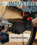 Top Shelf Black Nitrile Disposable Gloves 5 Mil Heavy Duty Textured Grip Powder Free Latex Free For Grunt Work Medical Care Kitchen Cleanup 100 Count X Large, used while repairing a bicycle.