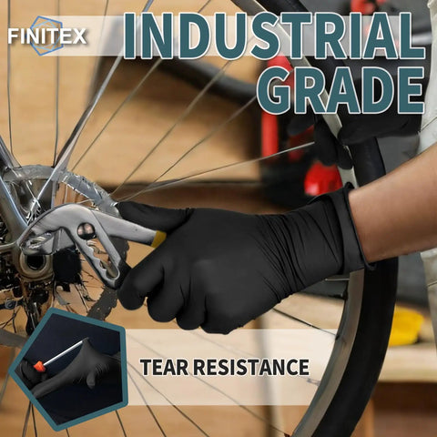Top Shelf Black Nitrile Disposable Gloves 5 Mil Heavy Duty Textured Grip Powder Free Latex Free For Grunt Work Medical Care Kitchen Cleanup 100 Count X Large, used while repairing a bicycle.