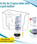 Diagram of 3 Inch Dual Flush Valve Replacement Kit With Top Push Button For Two Piece Toilets Includes Tank To Bowl Gasket And Bolts Durable ABS Valve Kit Leak Free Seal Easy To Install showing compatibility for 3-inch drain outlets.