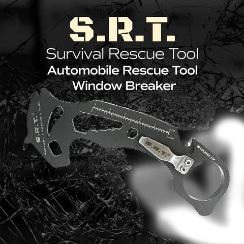 Gunmetal gray S.R.T. Survival Rescue Tool with window breaker and seat belt cutter for everyday carry and auto emergencies.