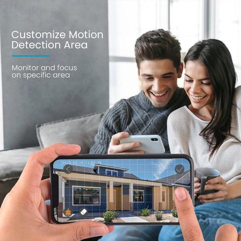 Couple using phone with Wireless Outdoor Security Camera With 2K Solar Power, Spotlight And Siren, AI Motion Detection app